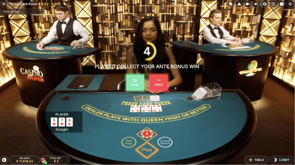 Three Card Poker- Play to collect your ante bonus wins